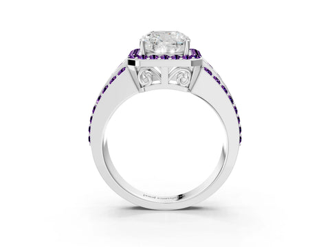 White gold Cushion Cut Halo Diamond Ring with Round with Amethyst side stone Split Shank and Prong Setting_39