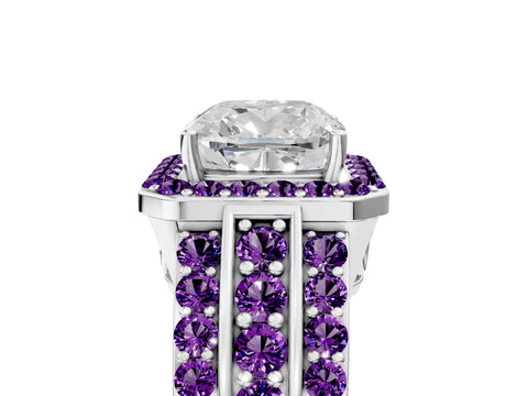 White gold Cushion Cut Halo Diamond Ring with Round with Amethyst side stone Split Shank and Prong Setting_41