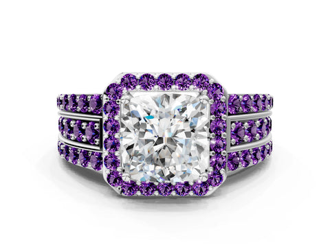 White gold Cushion Cut Halo Diamond Ring with Round with Amethyst side stone Split Shank and Prong Setting_48