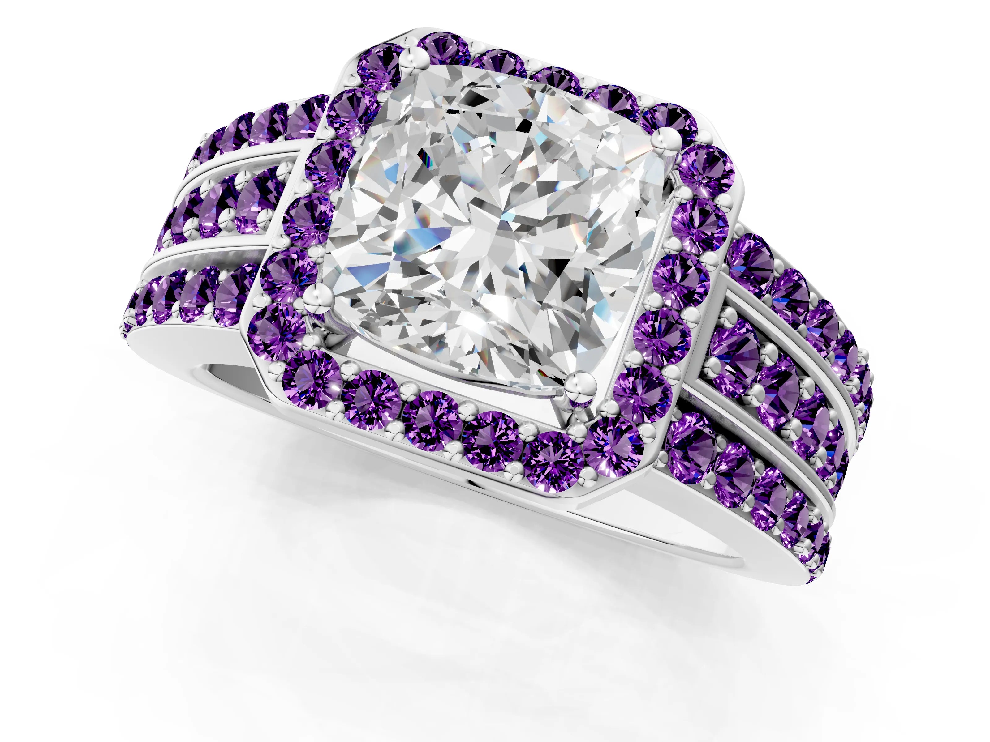 White gold Cushion Cut Halo Diamond Ring with Round with Amethyst side stone Split Shank and Prong Setting_49