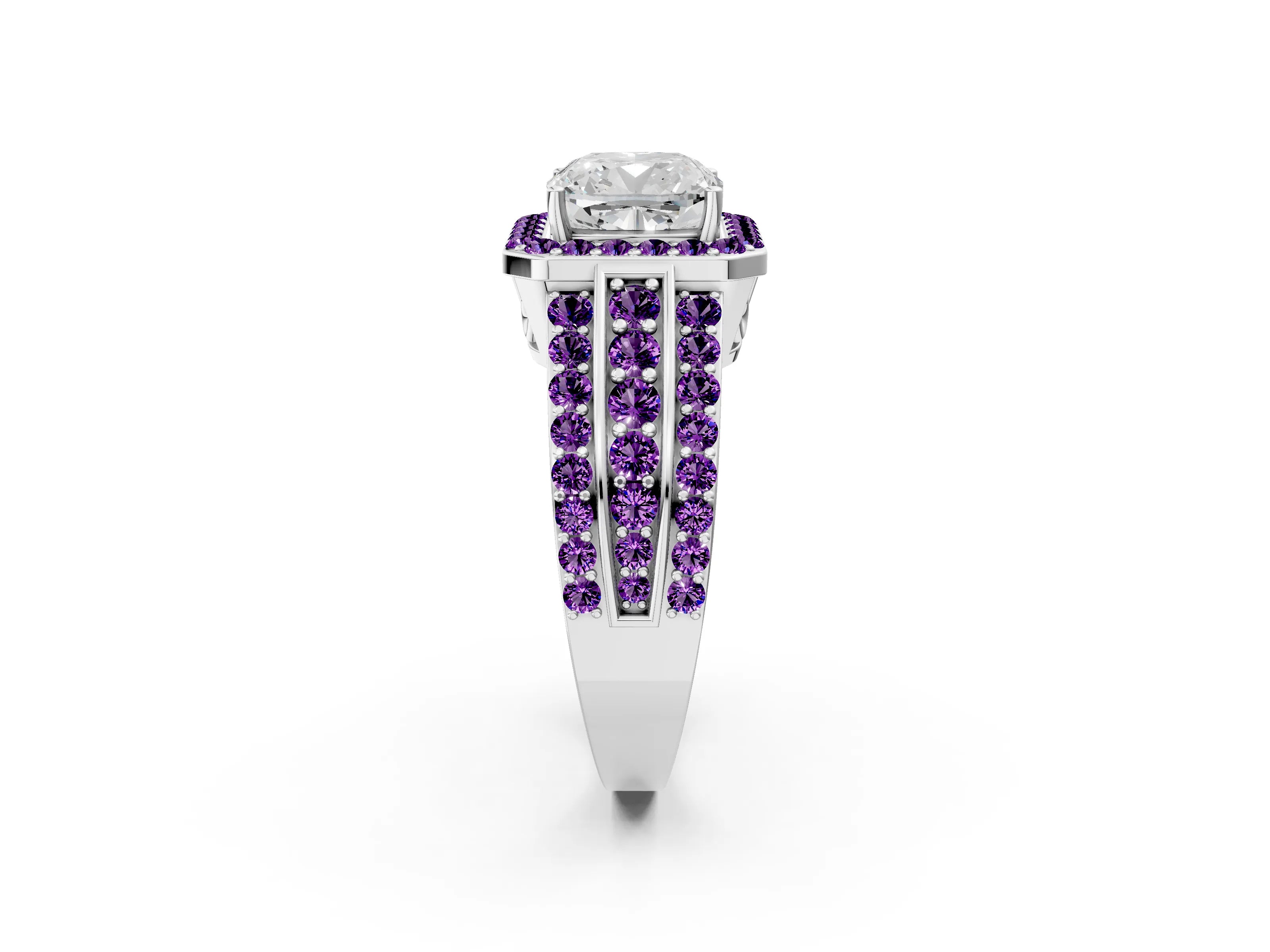 White gold Cushion Cut Halo Diamond Ring with Round with Amethyst side stone Split Shank and Prong Setting_50