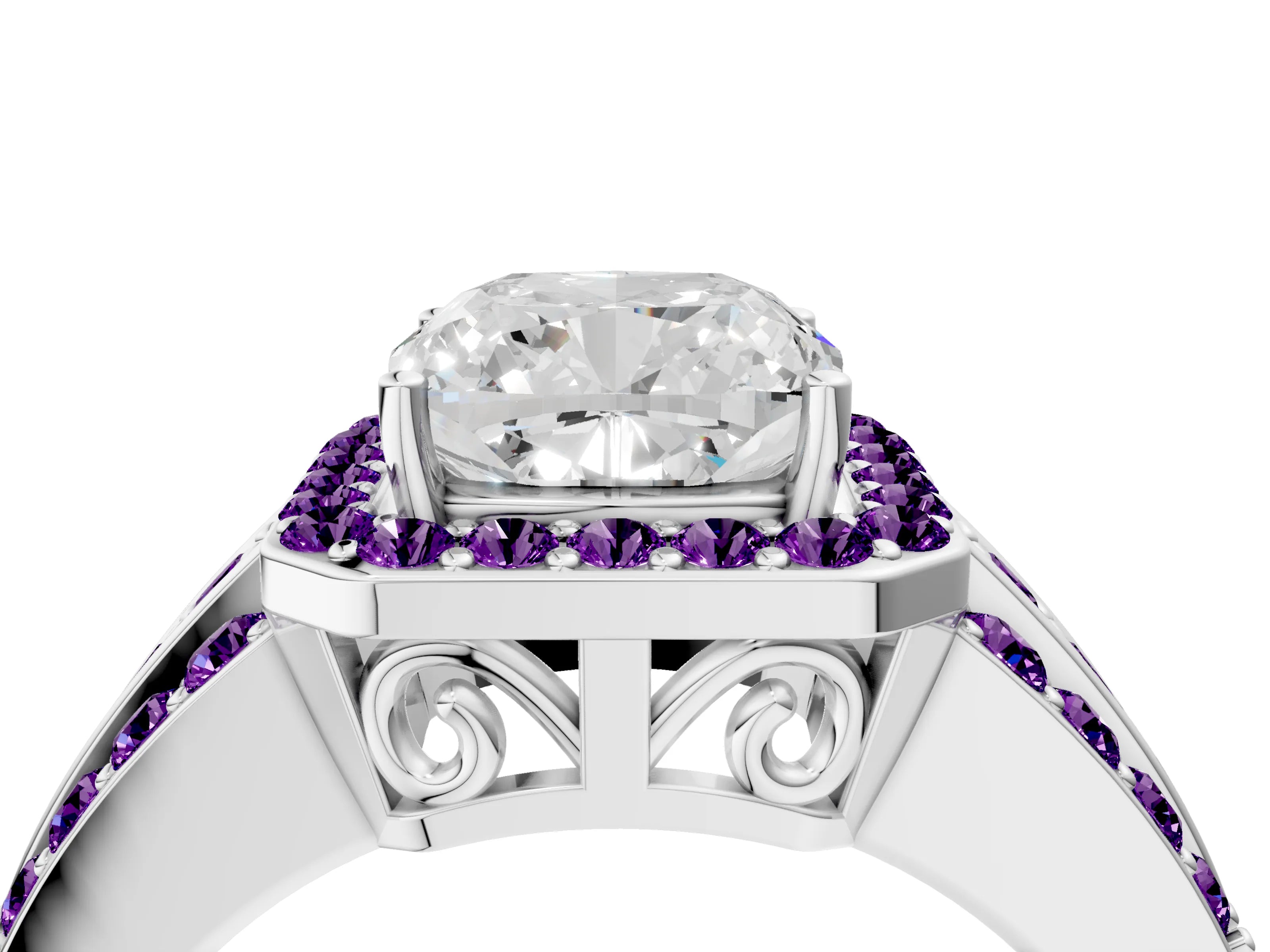 White gold Cushion Cut Halo Diamond Ring with Round with Amethyst side stone Split Shank and Prong Setting_52