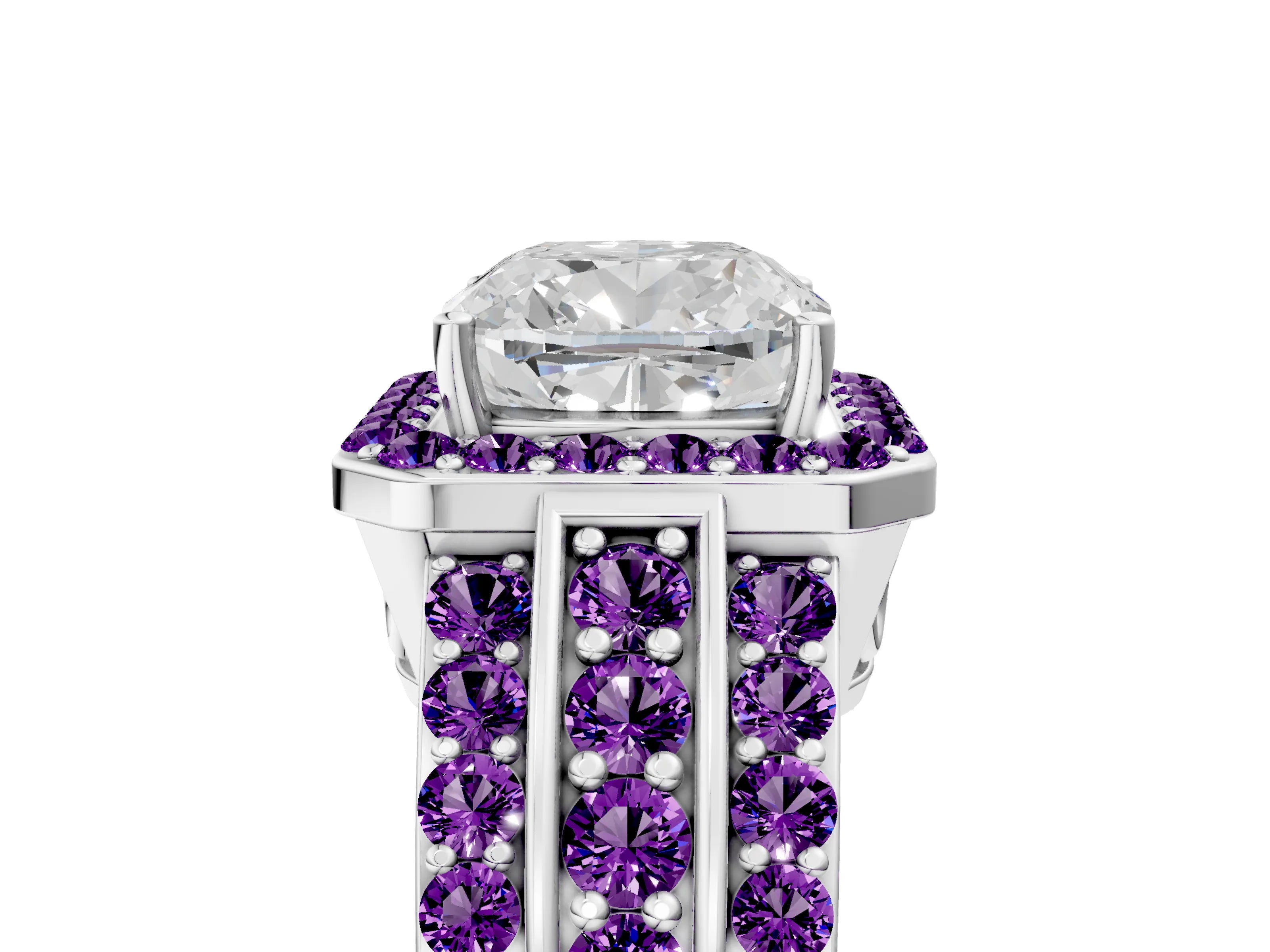 White gold Cushion Cut Halo Diamond Ring with Round with Amethyst side stone Split Shank and Prong Setting_53
