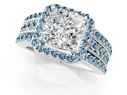 White gold Cushion Cut Halo Diamond Ring with Round with Aquamarine side stone Split Shank and Prong Setting_25