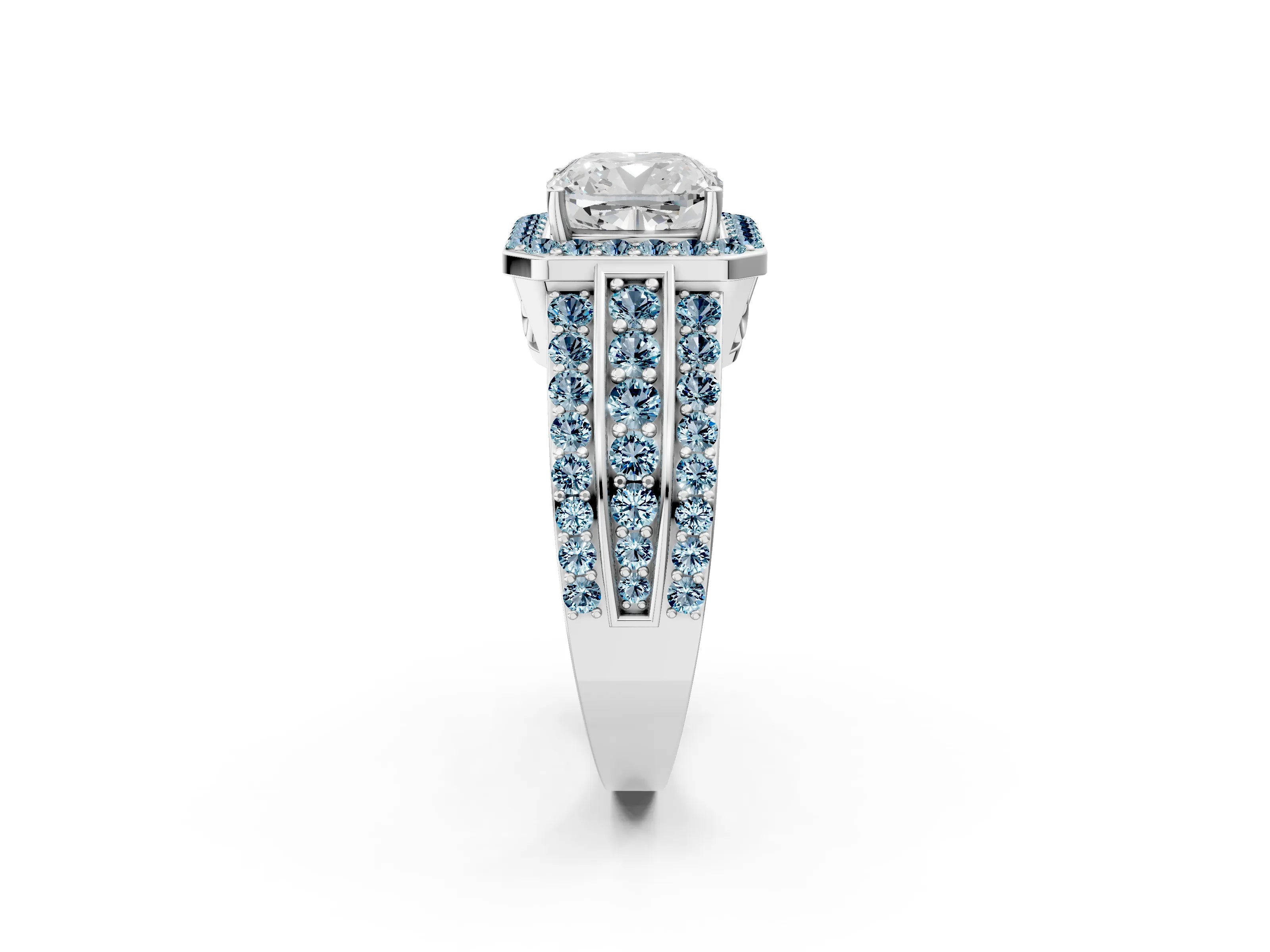 White gold Cushion Cut Halo Diamond Ring with Round with Aquamarine side stone Split Shank and Prong Setting_26