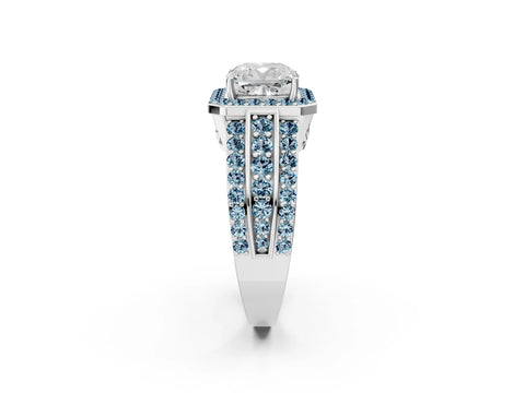 White gold Cushion Cut Halo Diamond Ring with Round with Aquamarine side stone Split Shank and Prong Setting_26