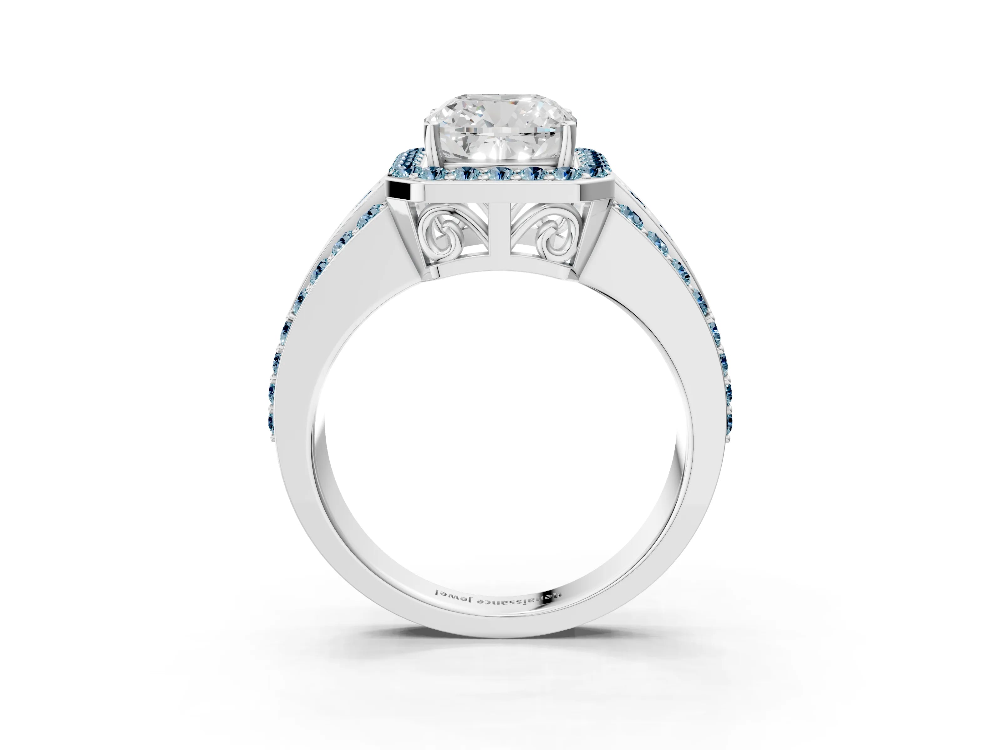 White gold Cushion Cut Halo Diamond Ring with Round with Aquamarine side stone Split Shank and Prong Setting_27