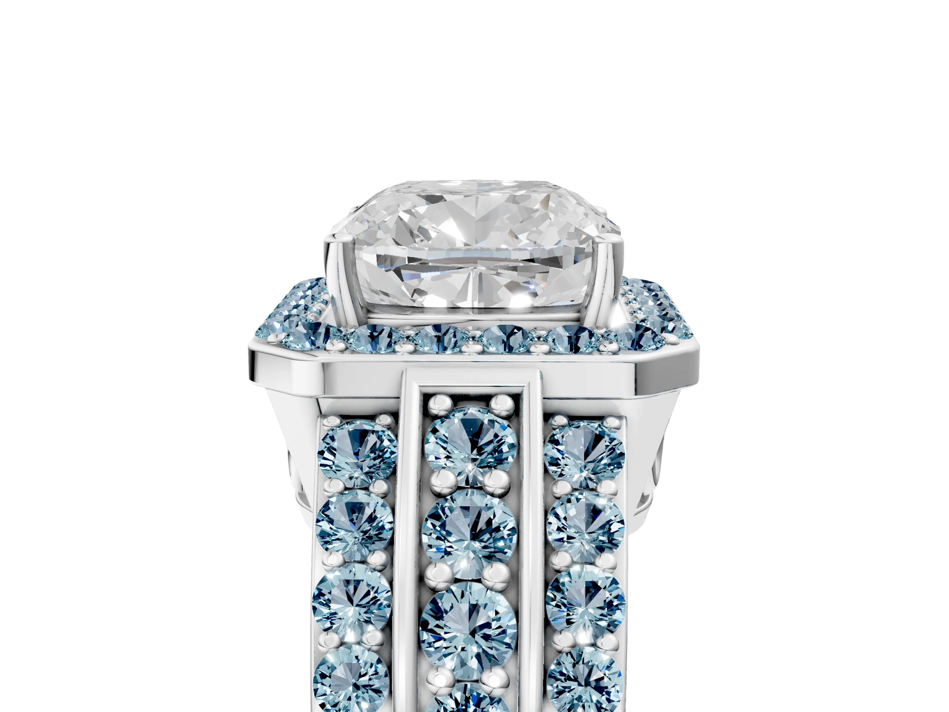 White gold Cushion Cut Halo Diamond Ring with Round with Aquamarine side stone Split Shank and Prong Setting_29
