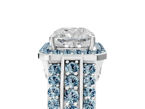 White gold Cushion Cut Halo Diamond Ring with Round with Aquamarine side stone Split Shank and Prong Setting_29