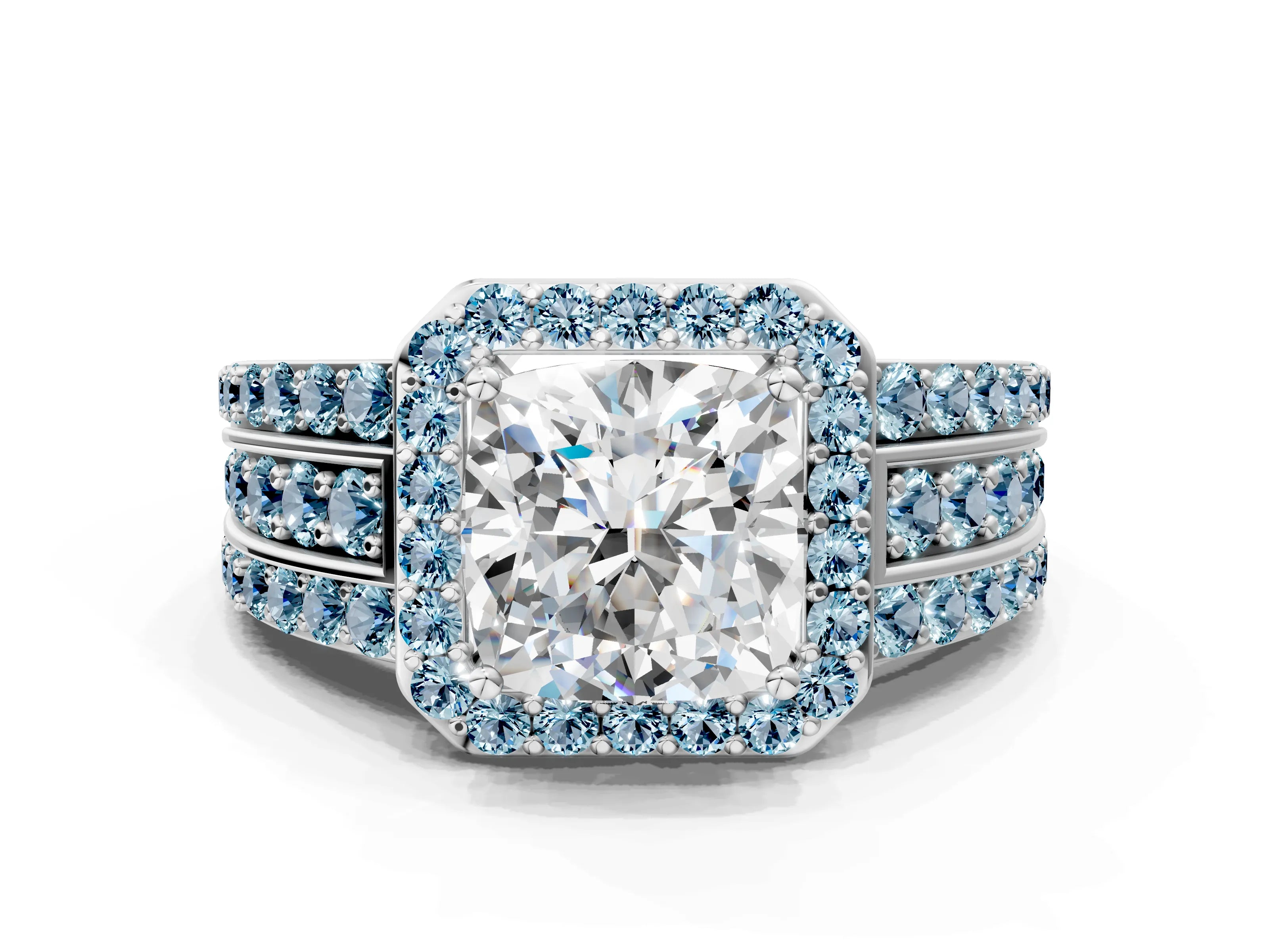 White gold Cushion Cut Halo Diamond Ring with Round with Aquamarine side stone Split Shank and Prong Setting_36