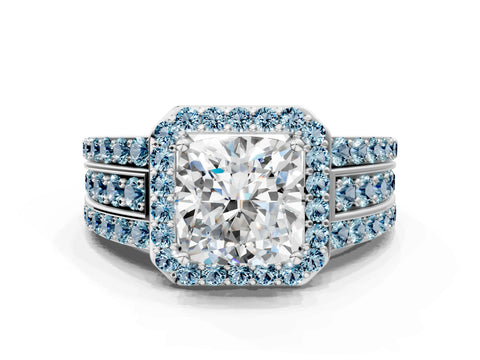 White gold Cushion Cut Halo Diamond Ring with Round with Aquamarine side stone Split Shank and Prong Setting_36