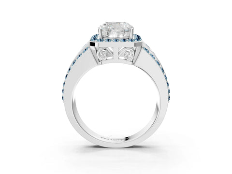 White gold Cushion Cut Halo Diamond Ring with Round with Aquamarine side stone Split Shank and Prong Setting_39