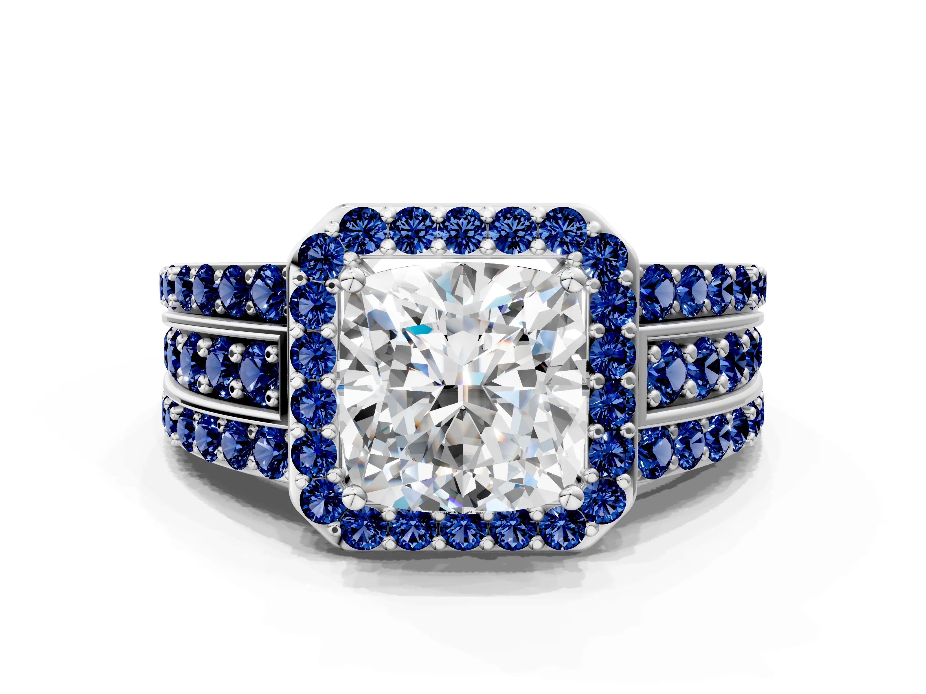 White gold Cushion Cut Halo Diamond Ring with Round with Blue Sapphire side stone Split Shank and Prong Setting_36