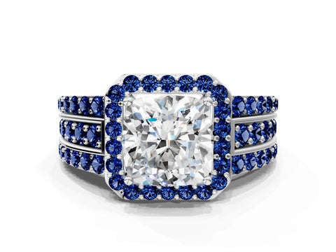 White gold Cushion Cut Halo Diamond Ring with Round with Blue Sapphire side stone Split Shank and Prong Setting_36