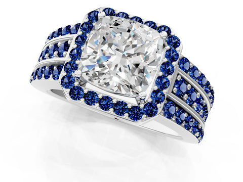 White gold Cushion Cut Halo Diamond Ring with Round with Blue Sapphire side stone Split Shank and Prong Setting_37