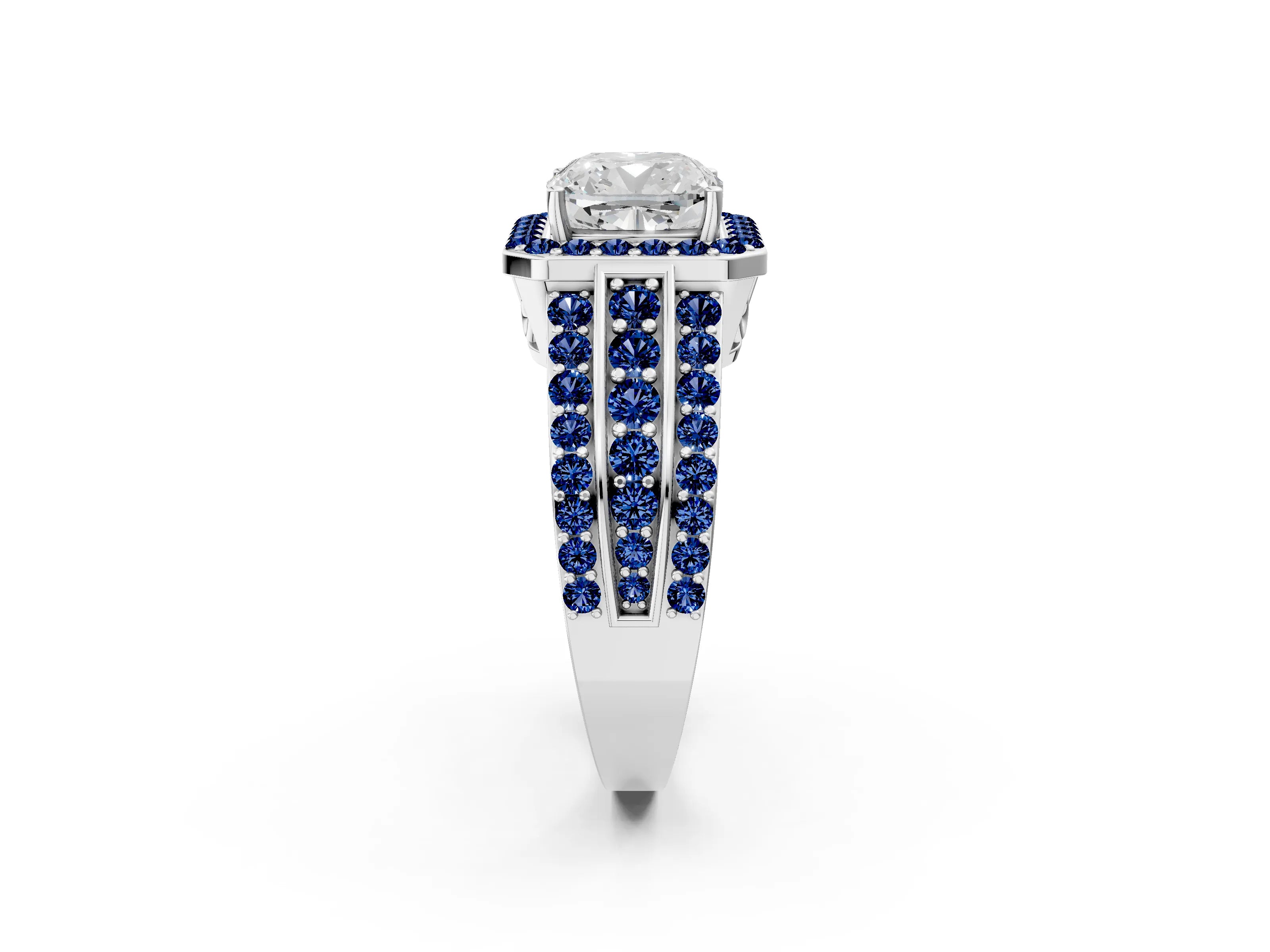 White gold Cushion Cut Halo Diamond Ring with Round with Blue Sapphire side stone Split Shank and Prong Setting_38