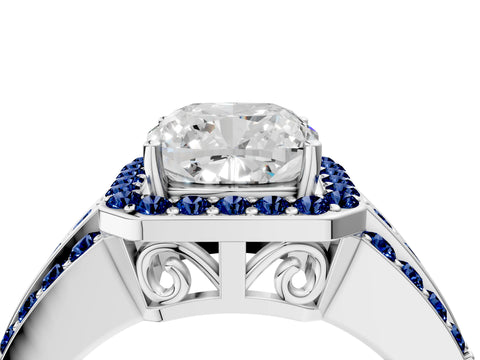 White gold Cushion Cut Halo Diamond Ring with Round with Blue Sapphire side stone Split Shank and Prong Setting_40