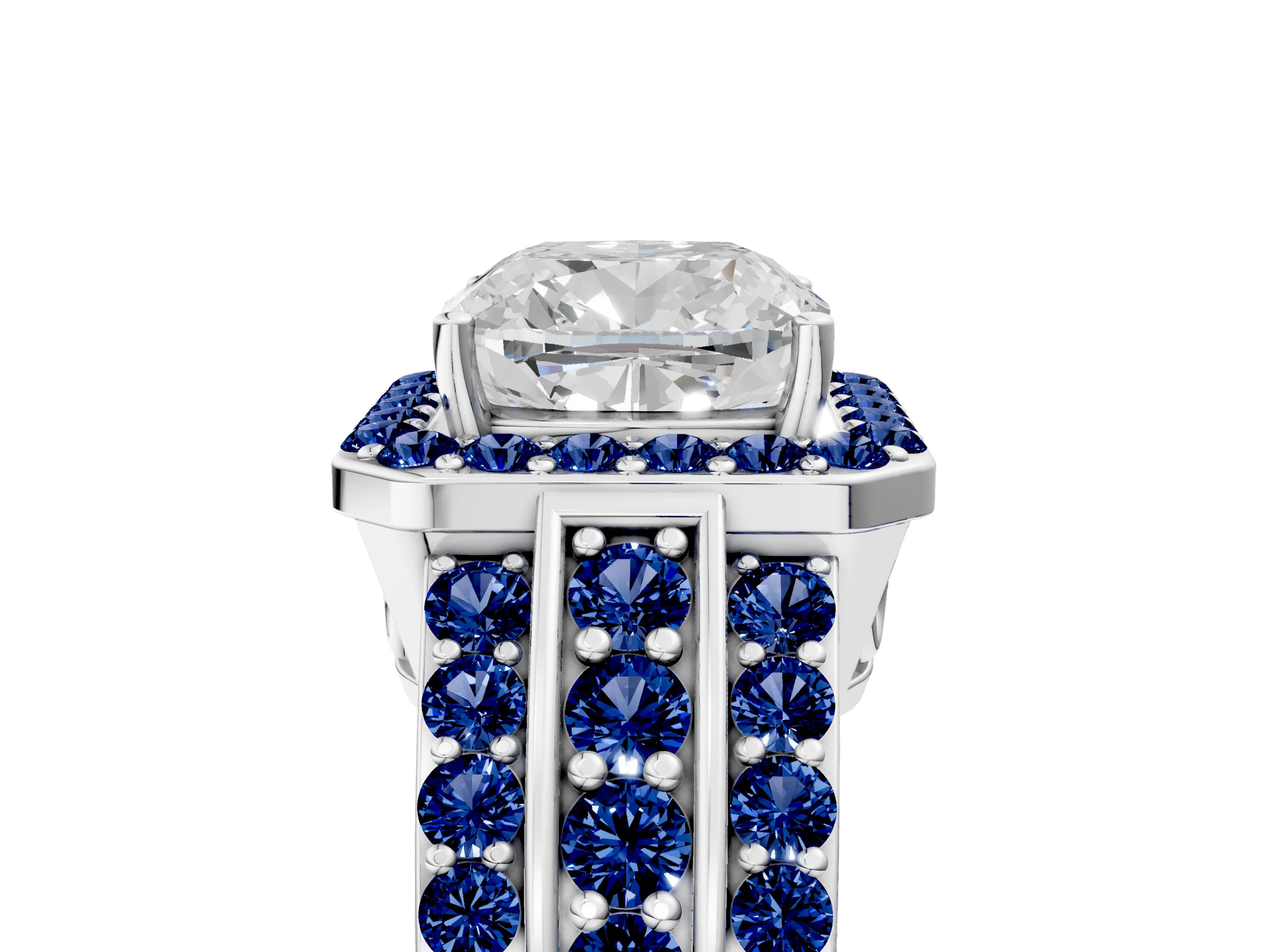 White gold Cushion Cut Halo Diamond Ring with Round with Blue Sapphire side stone Split Shank and Prong Setting_41