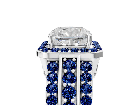 White gold Cushion Cut Halo Diamond Ring with Round with Blue Sapphire side stone Split Shank and Prong Setting_41