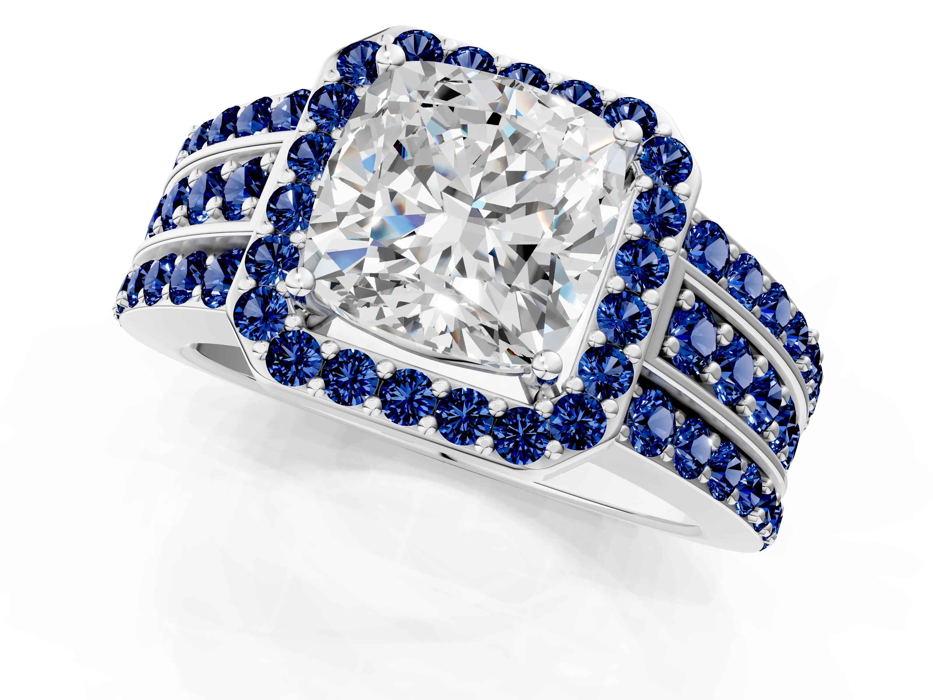 White gold Cushion Cut Halo Diamond Ring with Round with Blue Sapphire side stone Split Shank and Prong Setting_49