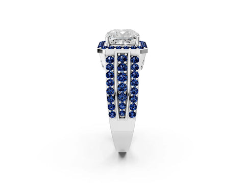 White gold Cushion Cut Halo Diamond Ring with Round with Blue Sapphire side stone Split Shank and Prong Setting_50