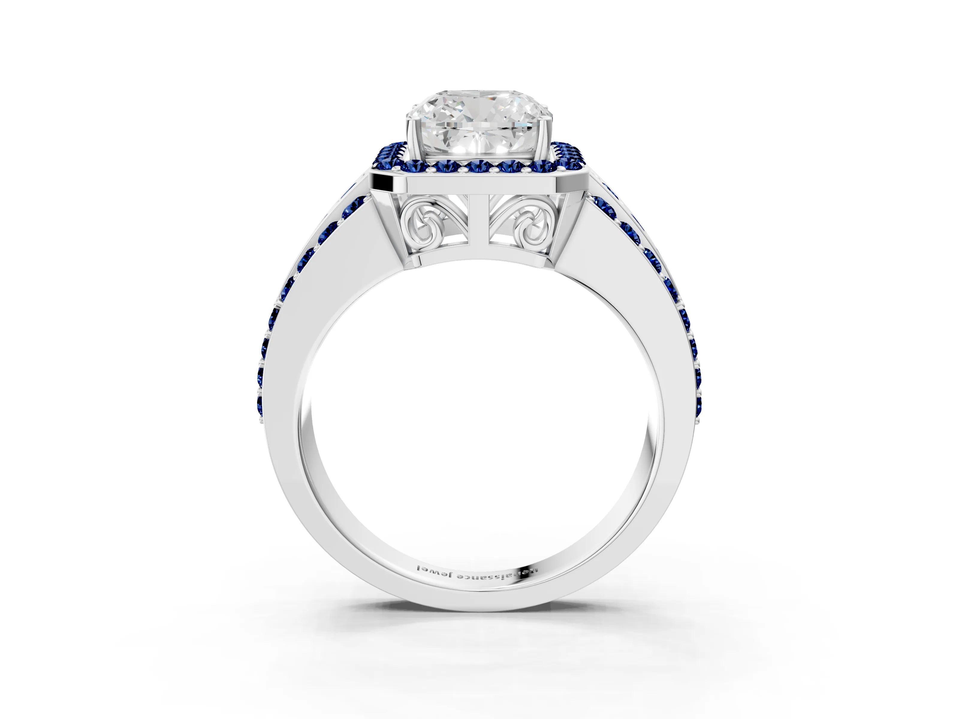 White gold Cushion Cut Halo Diamond Ring with Round with Blue Sapphire side stone Split Shank and Prong Setting_51
