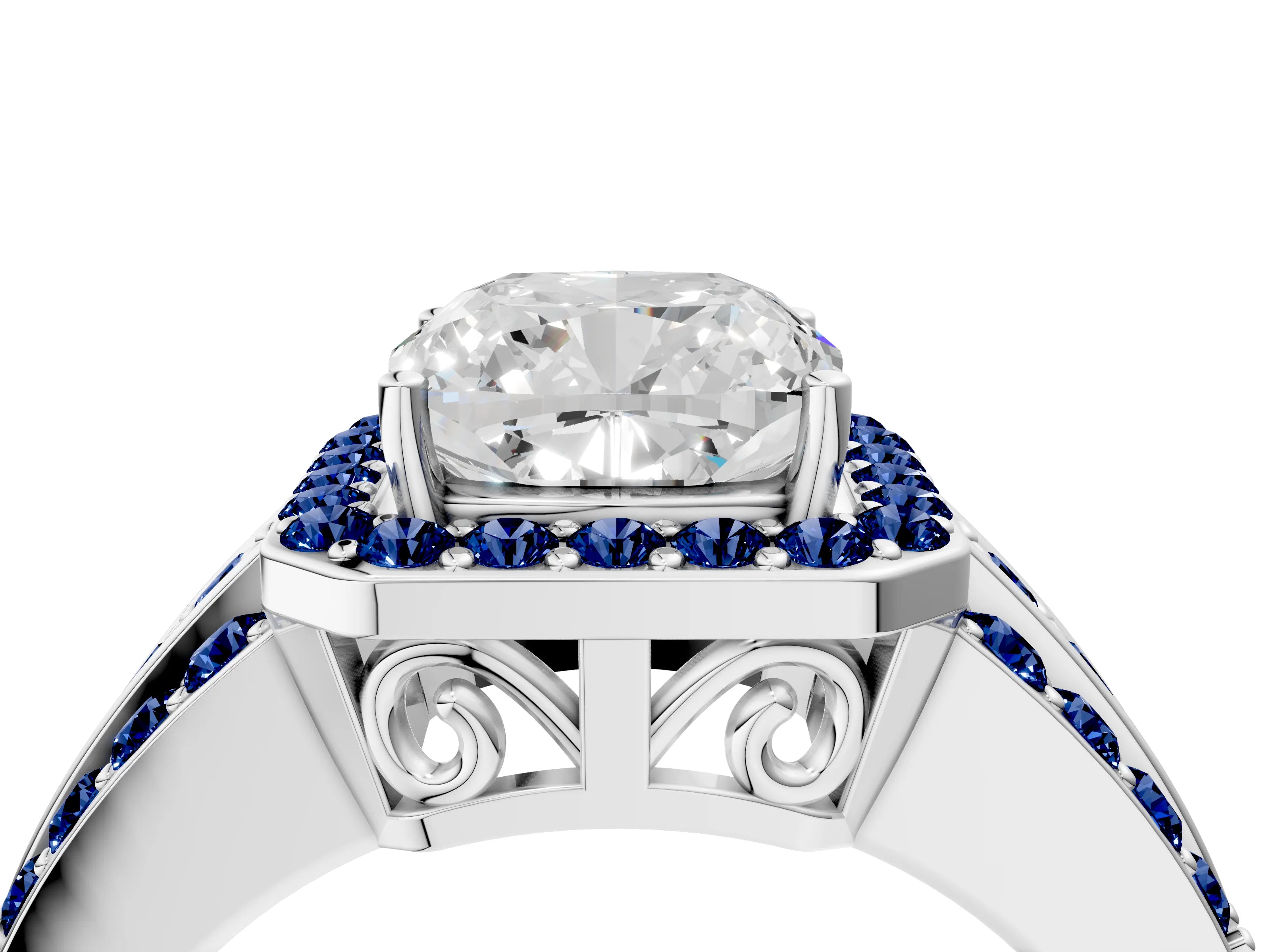 White gold Cushion Cut Halo Diamond Ring with Round with Blue Sapphire side stone Split Shank and Prong Setting_52