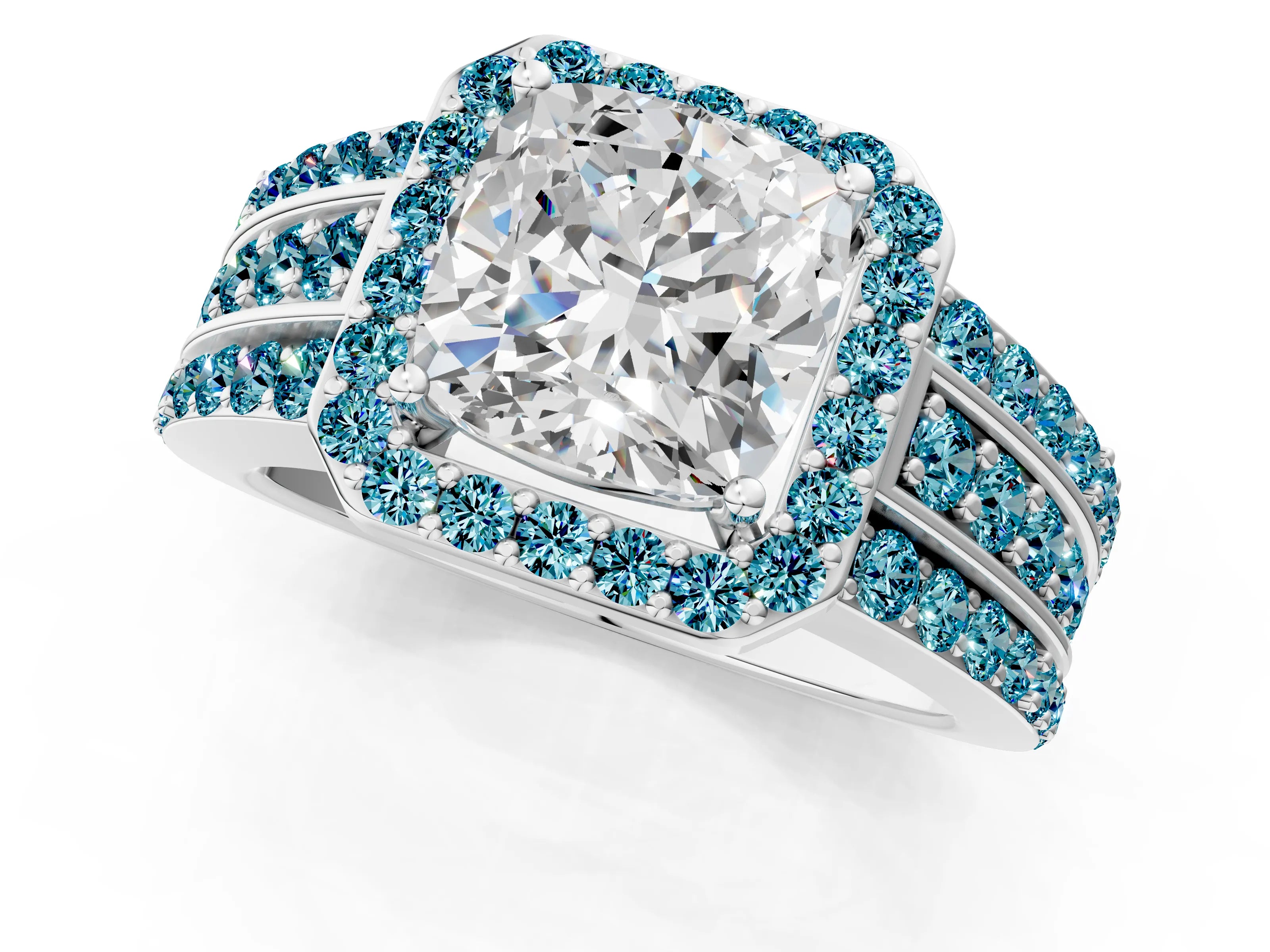 White gold Cushion Cut Halo Diamond Ring with Round with Blue Topaz side stone Split Shank and Prong Setting_37