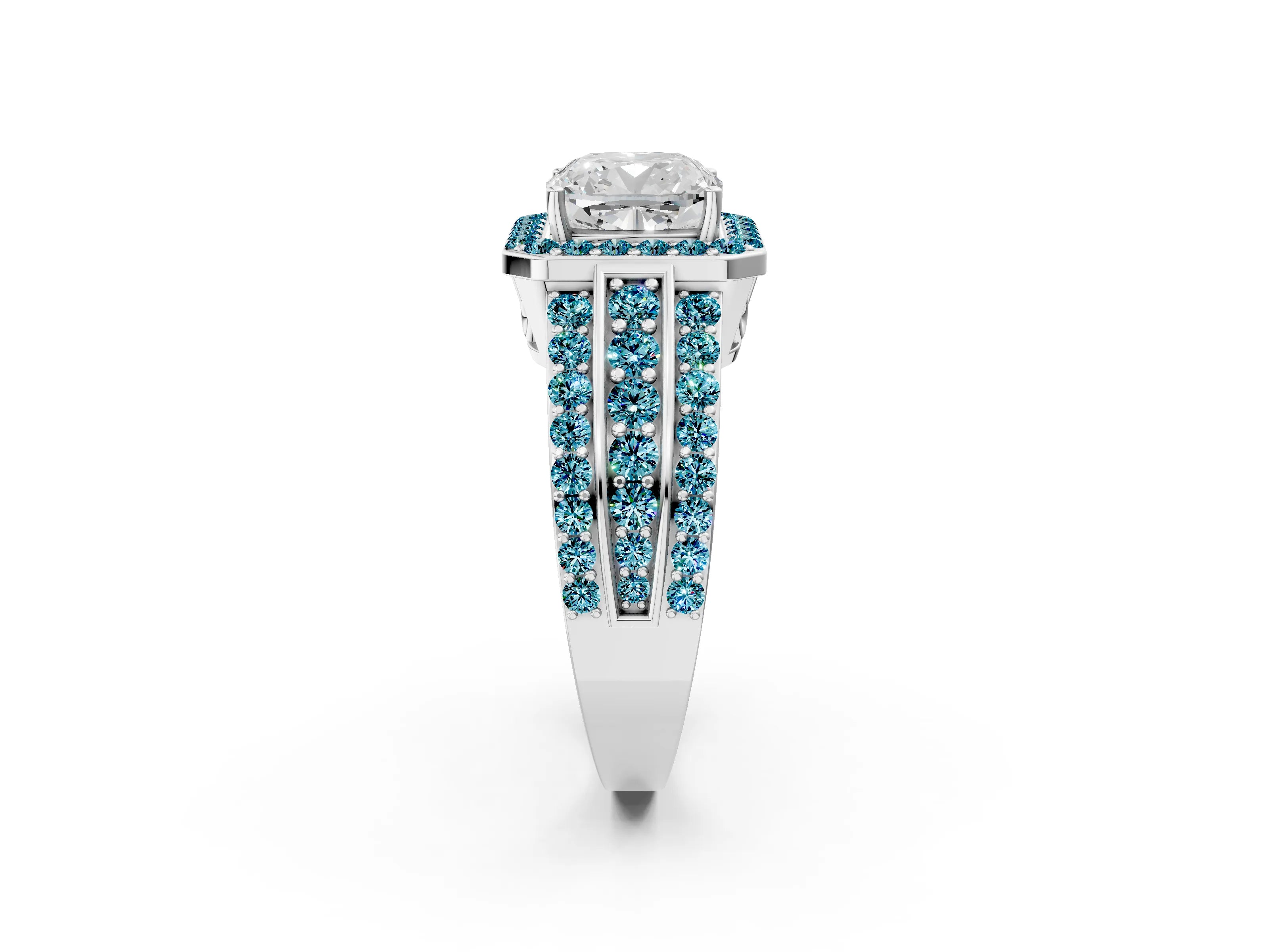 White gold Cushion Cut Halo Diamond Ring with Round with Blue Topaz side stone Split Shank and Prong Setting_38