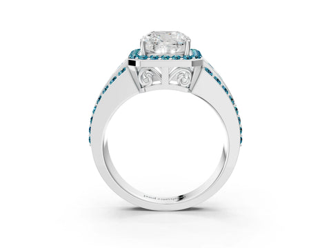 White gold Cushion Cut Halo Diamond Ring with Round with Blue Topaz side stone Split Shank and Prong Setting_39