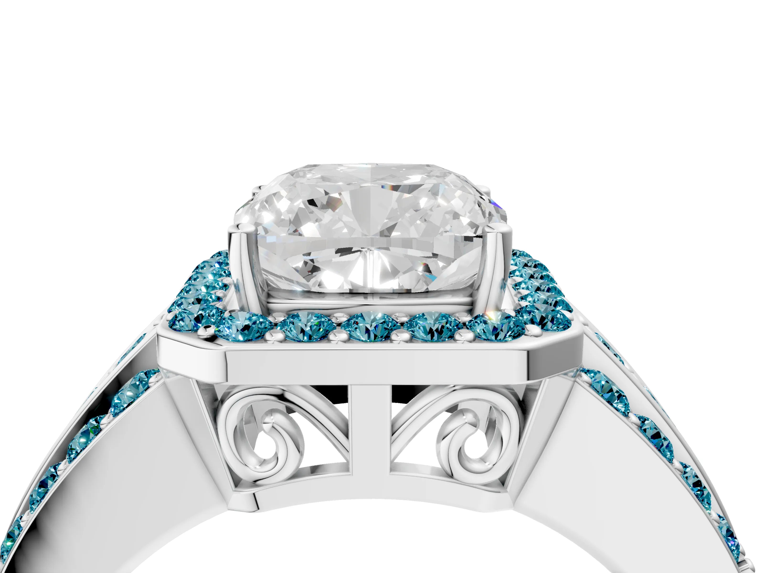 White gold Cushion Cut Halo Diamond Ring with Round with Blue Topaz side stone Split Shank and Prong Setting_40