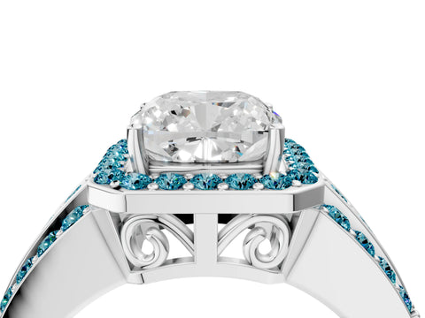 White gold Cushion Cut Halo Diamond Ring with Round with Blue Topaz side stone Split Shank and Prong Setting_40