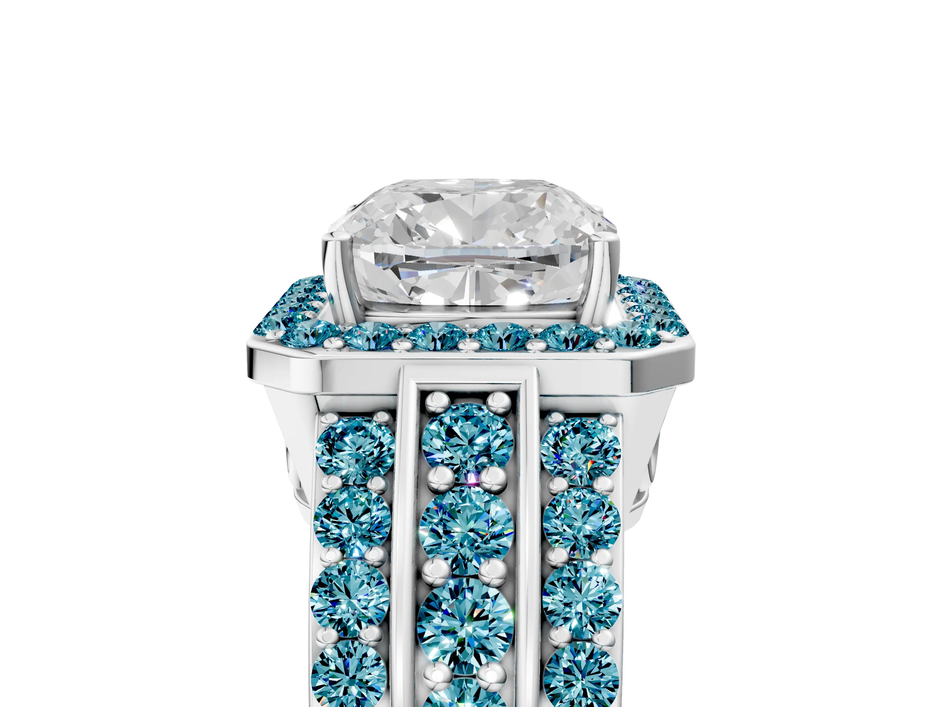White gold Cushion Cut Halo Diamond Ring with Round with Blue Topaz side stone Split Shank and Prong Setting_41