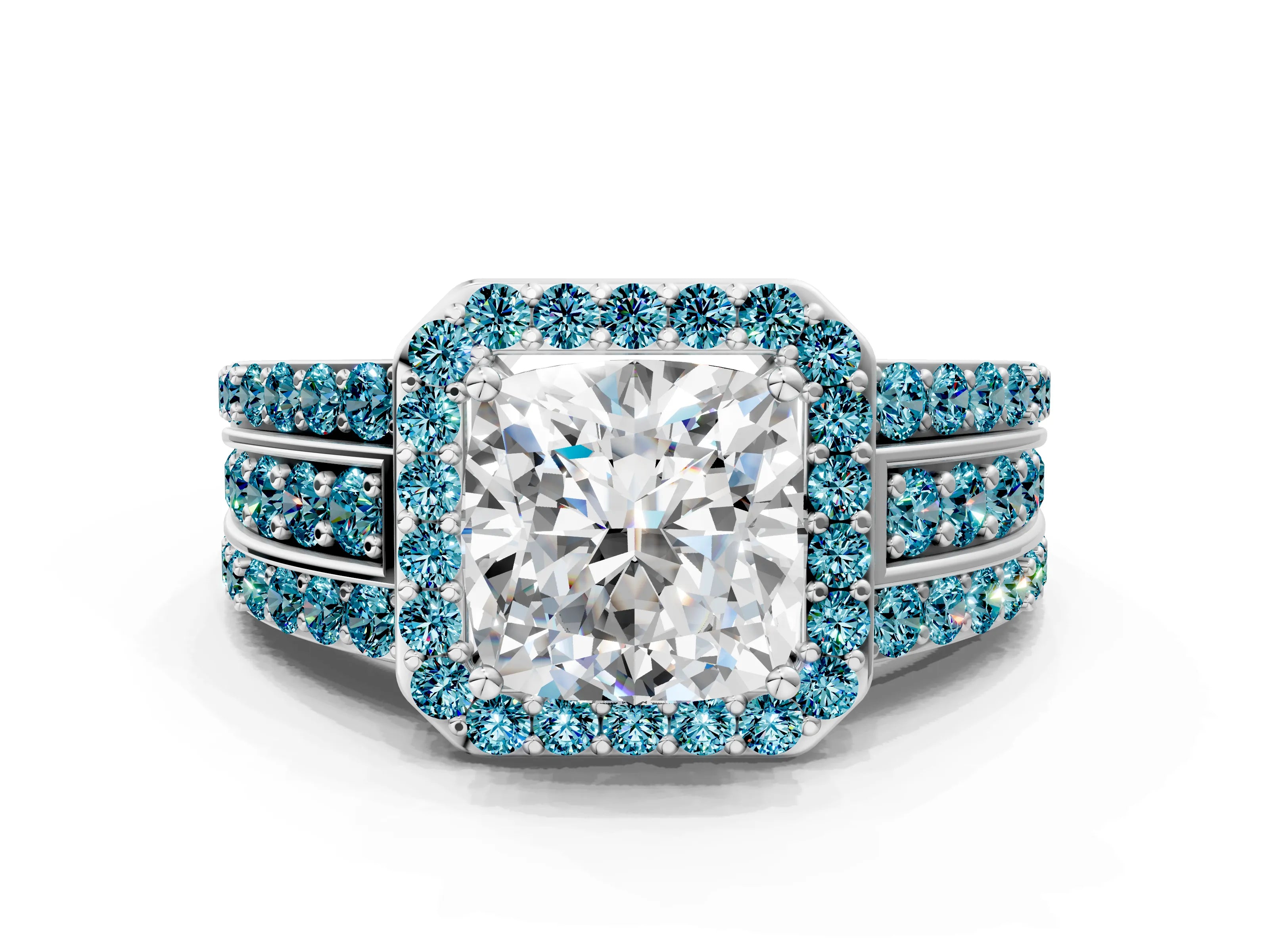 White gold Cushion Cut Halo Diamond Ring with Round with Blue Topaz side stone Split Shank and Prong Setting_48