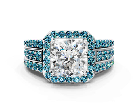 White gold Cushion Cut Halo Diamond Ring with Round with Blue Topaz side stone Split Shank and Prong Setting_48