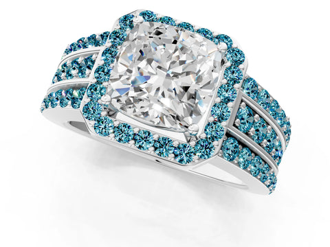 White gold Cushion Cut Halo Diamond Ring with Round with Blue Topaz side stone Split Shank and Prong Setting_49