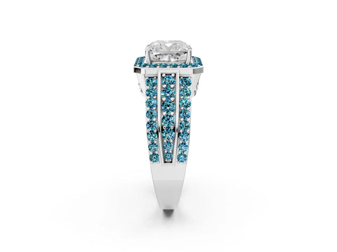 White gold Cushion Cut Halo Diamond Ring with Round with Blue Topaz side stone Split Shank and Prong Setting_50