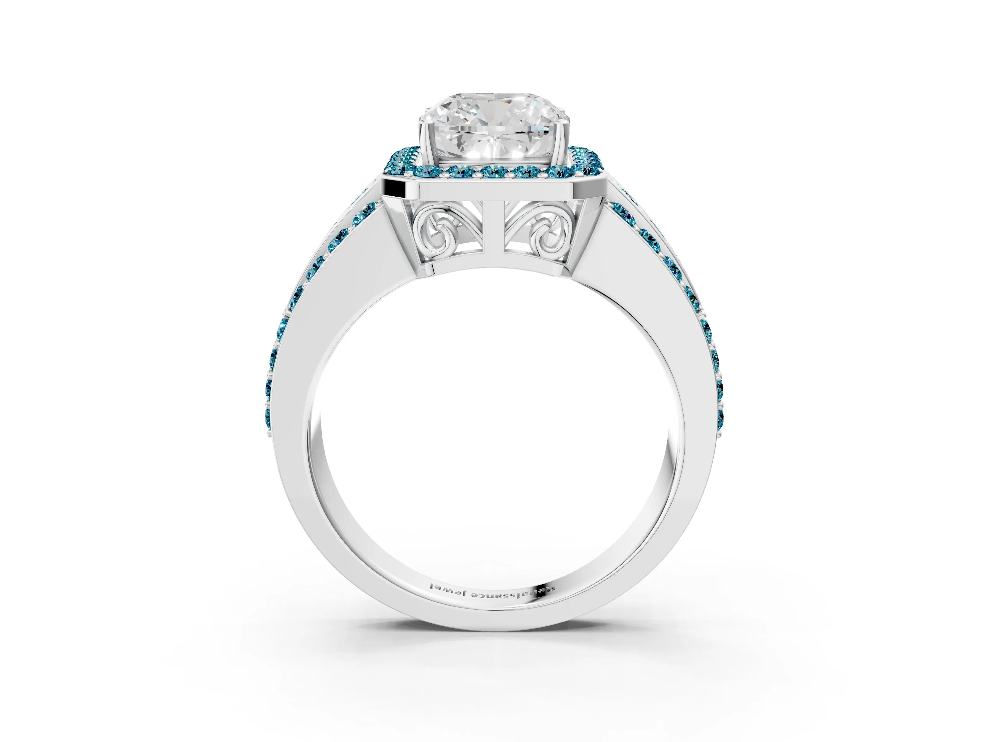 White gold Cushion Cut Halo Diamond Ring with Round with Blue Topaz side stone Split Shank and Prong Setting_51