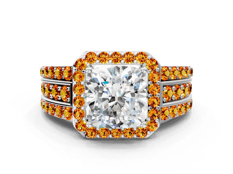 White gold Cushion Cut Halo Diamond Ring with Round with Citrine side stone Split Shank and Prong Setting_12