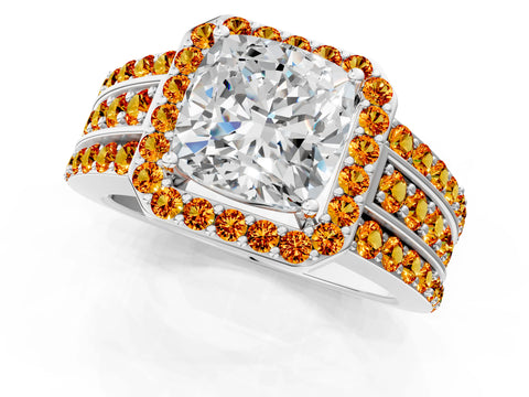 White gold Cushion Cut Halo Diamond Ring with Round with Citrine side stone Split Shank and Prong Setting_13