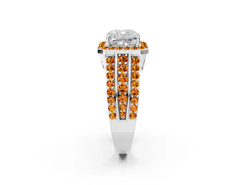 White gold Cushion Cut Halo Diamond Ring with Round with Citrine side stone Split Shank and Prong Setting_14