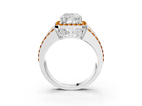 White gold Cushion Cut Halo Diamond Ring with Round with Citrine side stone Split Shank and Prong Setting_15