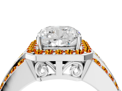 White gold Cushion Cut Halo Diamond Ring with Round with Citrine side stone Split Shank and Prong Setting_16