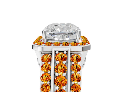 White gold Cushion Cut Halo Diamond Ring with Round with Citrine side stone Split Shank and Prong Setting_17