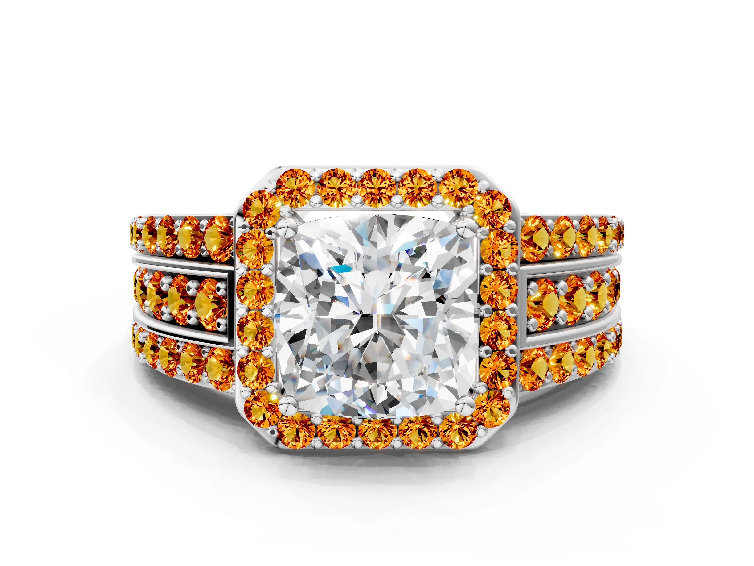 White gold Cushion Cut Halo Diamond Ring with Round with Citrine side stone Split Shank and Prong Setting_24