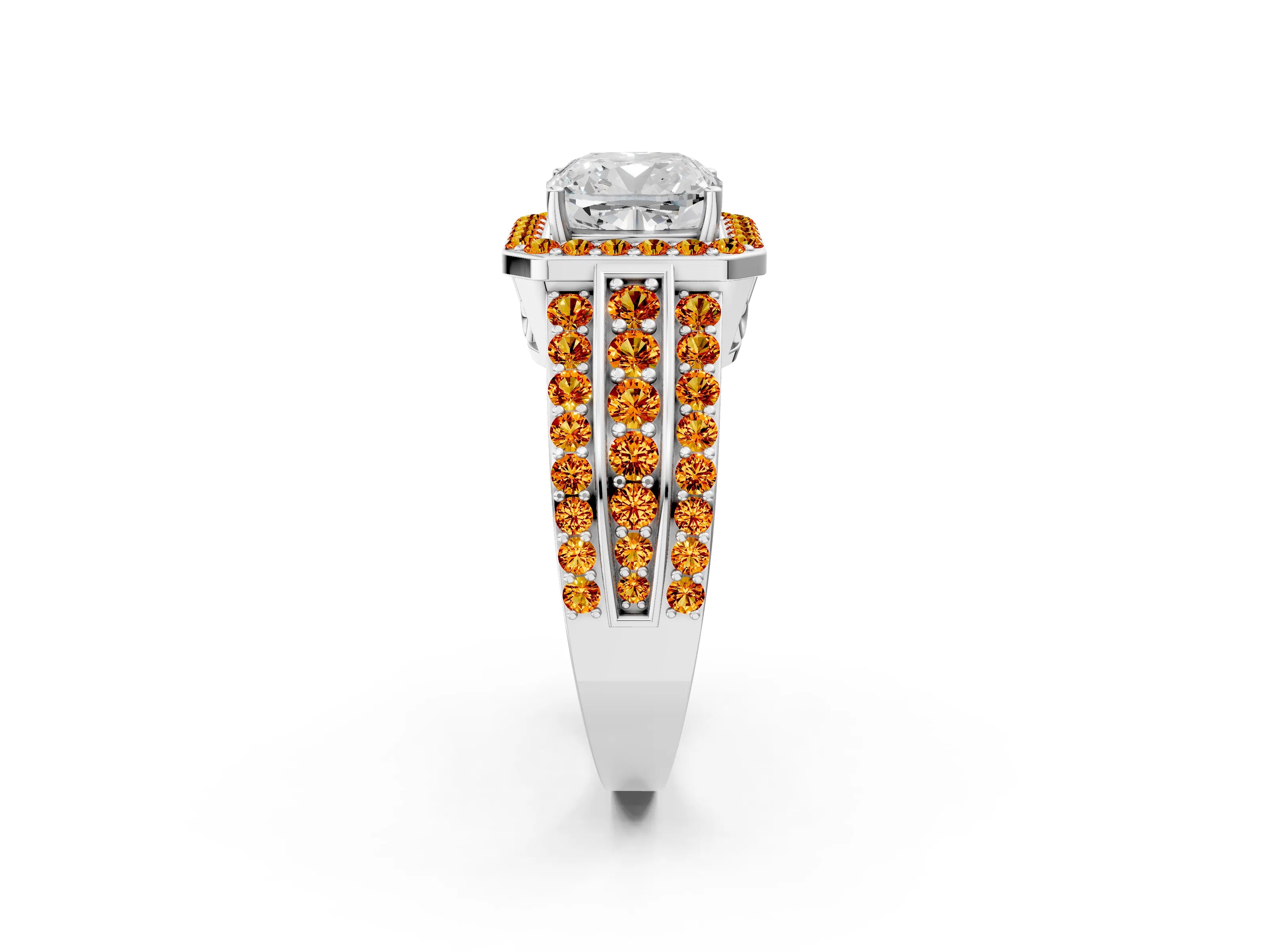White gold Cushion Cut Halo Diamond Ring with Round with Citrine side stone Split Shank and Prong Setting_26