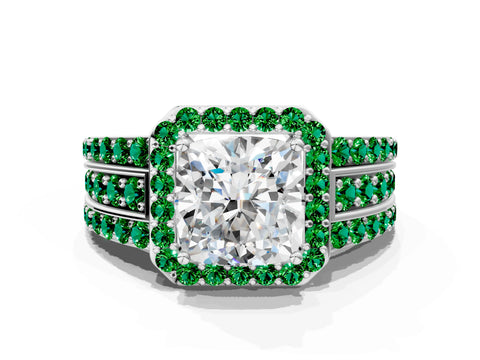 White gold Cushion Cut Halo Diamond Ring with Round with Emerald side stone Split Shank and Prong Setting_36