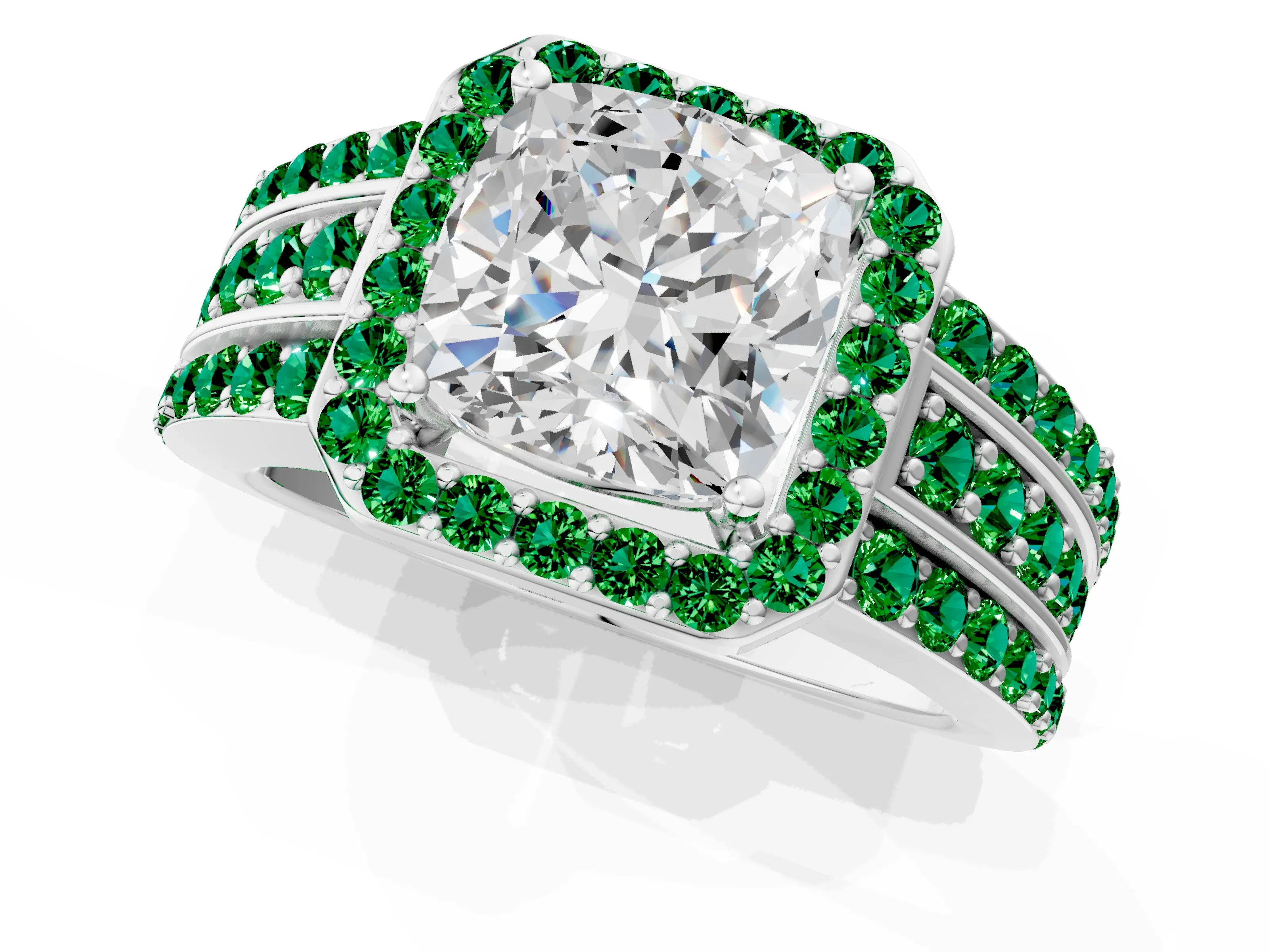 White gold Cushion Cut Halo Diamond Ring with Round with Emerald side stone Split Shank and Prong Setting_37