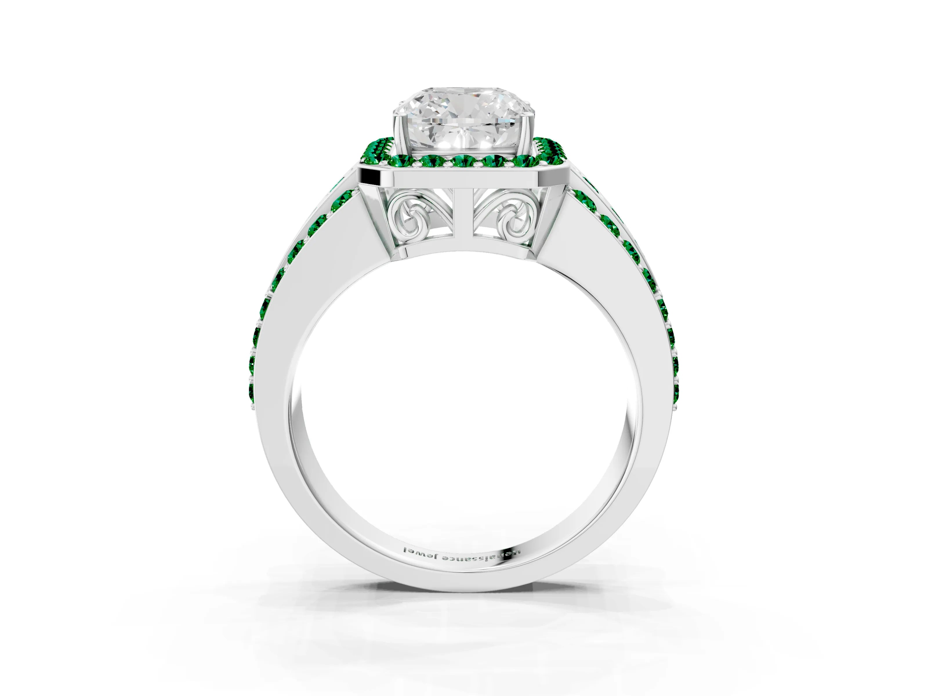 White gold Cushion Cut Halo Diamond Ring with Round with Emerald side stone Split Shank and Prong Setting_39
