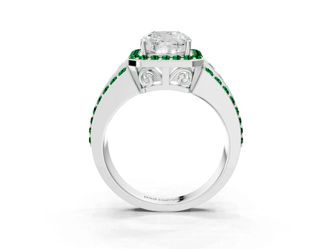 White gold Cushion Cut Halo Diamond Ring with Round with Emerald side stone Split Shank and Prong Setting_39